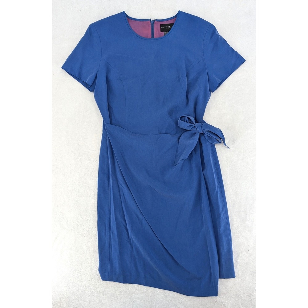 August Silk Blue 100% Silk Short Sleeve Side Tie Sheath Dress Size 12